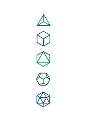 Platonic solids, five regular polyhedra, geometry, tetrahedron, cube, octahedron, dodecahedron, icosahedron, isolated - obrazy, fototapety, plakaty