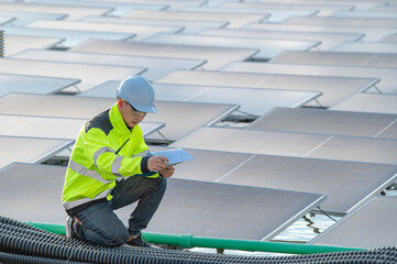 Asian engineer working at Floating solar power plant,Renewable energy,Technician and investor solar panels checking the panels at solar energy installation