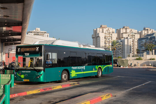 Rishon Lezion / Israel – 14 September 2022. Israel Green Autobus Egged company. Passenger bus. Israeli public transport. Central bus station. Modern electric shuttle.