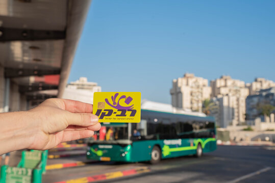 Rishon Lezion, Israel – 14.09.022. Travel card Rav Kav in hand. New prices, rates and tariff. Israel Green Autobus Egged company. Passenger bus. Israeli public transport. Central bus station.  Rav-Kav