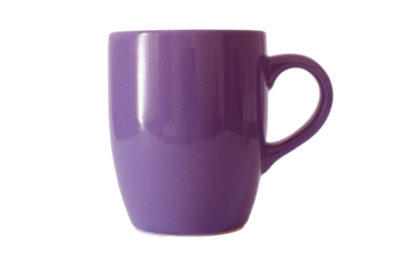Shiny ceramic purple color mug or cup for tea, coffee, hot beverage or water. Isolated background, selective focus.	