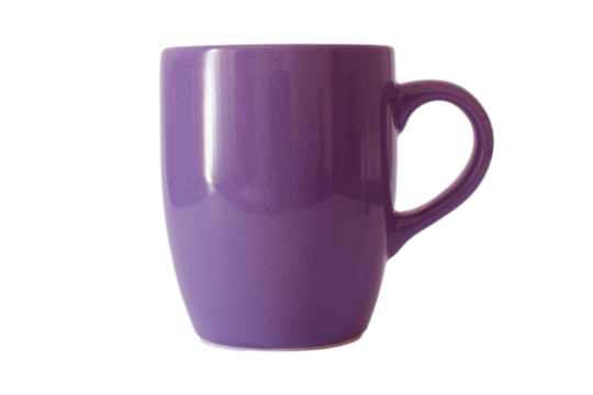 Shiny ceramic purple color mug or cup for tea, coffee, hot beverage or water. Isolated background, selective focus.	