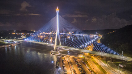 aerial view of Sungai Kebun Bridge with the water village at Bandar Seri Begawan, Brunei...