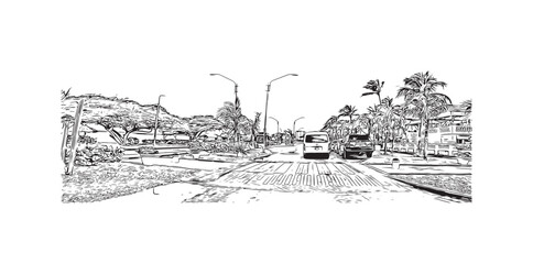 Building view with landmark of Oranjestad is the 
capital of Aruba. Hand drawn sketch illustration in vector.