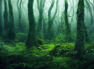 lush green forest with fog