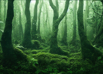 lush green forest with fog
