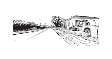 Fototapeta premium Building view with landmark of Oranjestad is the capital of Aruba. Hand drawn sketch illustration in vector.