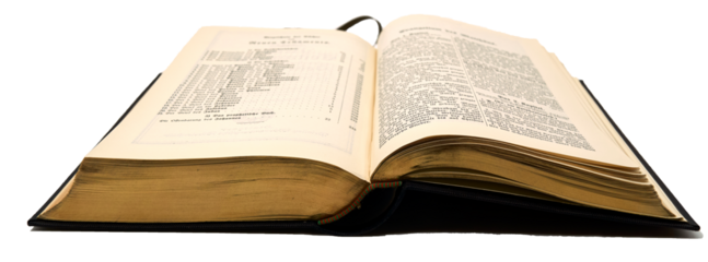 An old book with gilded pages.  It's an old German bible opened on the start of the new testament. The edges are finished with real 24 karat gold. Transparent background.