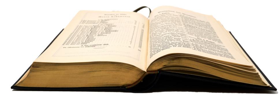 An old book with gilded pages.  It's an old German bible opened on the start of the new testament. The edges are finished with real 24 karat gold. Transparent background.