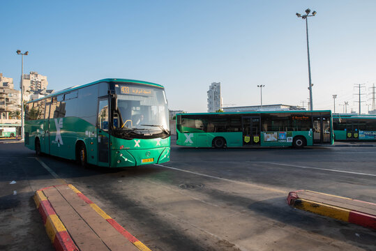 Rishon Lezion / Israel – 09.14.2022. Israel Green Autobus Egged company. Passenger bus. Israeli public transport. Central bus station. Modern shuttle.