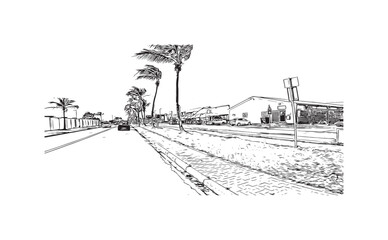 Obraz premium Building view with landmark of Oranjestad is the capital of Aruba. Hand drawn sketch illustration in vector.
