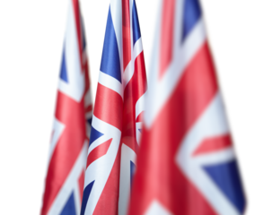 National flags of the United Kingdom on a flagpole on a transparent background. Lowered UK flags. Transparent.