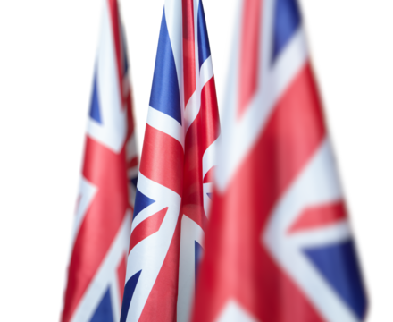 National flags of the United Kingdom on a flagpole on a transparent background. Lowered UK flags. Transparent. - Powered by Adobe