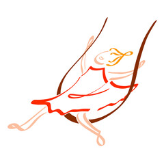 happy girl in a red dress swinging on a rope swing, abstract colorful pattern on a white background