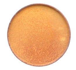Rusty scratched metal round lid background looks like abstract art. Rust on iron cover copy space circle backdrop