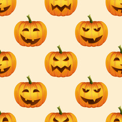 Vector Halloween Seamless Pattern with Funny Pumpkins. Cute Jack-o-lanterns, Carved Pumpkin Faces Backgrounds, Wallpapers for Invitations, Cards, Fabrics, Packaging, Wrapping, Banners, Textiles