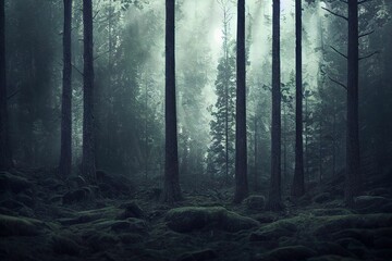 Wild nature of a forest on a foggy morning