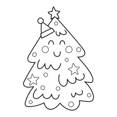 Cute Christmas tree with decoration and a Santa Claus hat, Christmas illustration