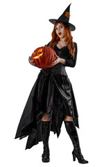 Witch on Halloween. Female wizard fairy character for All Saints' Day. Fantasy gothic red-haired Vampire girl in black dress. Enchantress dressed in carnival costume