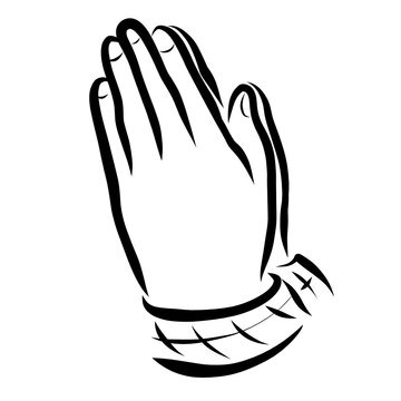 human hands folded in prayer, conversation with God, black outline on a white background,