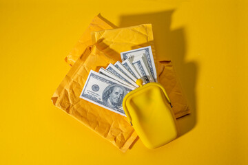 Yellow paper envelope, postal parcel. Kraft bag mailers padded shipping. Mailing courier envelopes packaging bags. Empty copy space