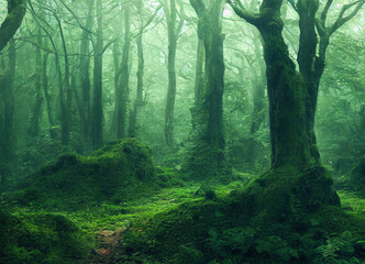 Fototapeta premium lush green forest with fog and haze
