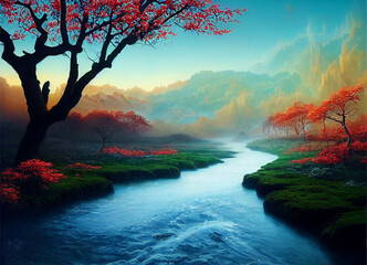 beautiful fantasy landscape with river in autumn colours, digital art - obrazy, fototapety, plakaty