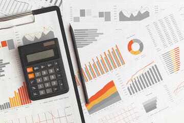 Naklejka na ściany i meble Business graphs, charts and calculator on table. Financial development, Banking Account, Statistics