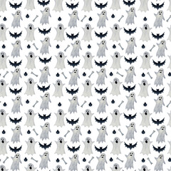 Watercolor Halloween pattern, Seamless Halloween print, Ghosts, bat, spiders, Spooky wallpaper, Festive autumn background,  Trick or treat backdrop