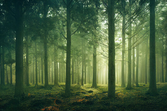 Fototapeta lush green forest with fog and haze