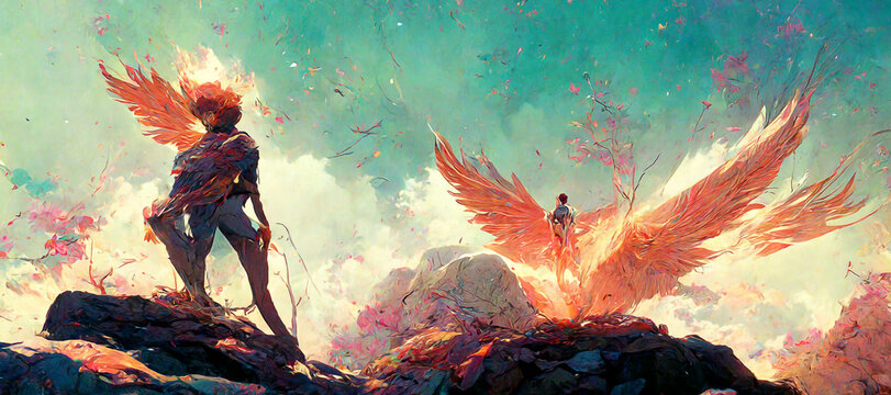 an anthropomorphic phoenix warrior standing heroically Digital Art Illustration Painting Hyper Realistic Concept Art