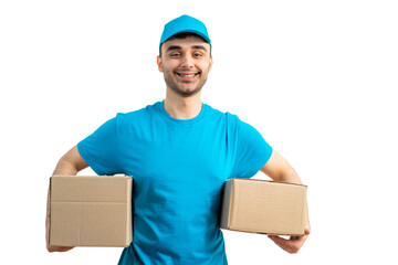 Delivery man with a box. Courier in uniform cap and t-shirt service fast delivering orders. Young...