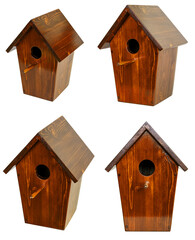 Birdhouse isolated on white background. Birdhouse made by hand. Wooden birdhouse for starlings from different angles.