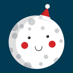 Cute full moon with a Santa Claus Hat, Christmas illustration
