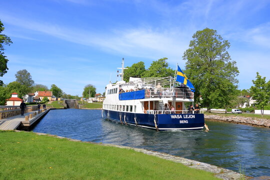 May 24 2022 - Linkoping, Berg, Sweden: lock of a ship in the lock station towards Lake Roxen