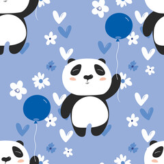 Seamless pattern with cute panda baby on color floral background. Funny asian animals. Card, postcards for kids. Flat vector illustration for fabric, textile, wallpaper, poster, gift wrapping paper