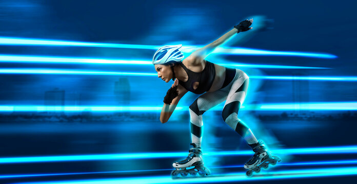 Professional sporty woman on rollerblades