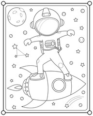 Astronaut with rocket in space suitable for children's coloring page vector illustration