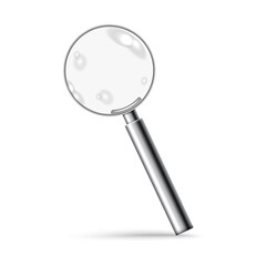 Realistic magnifying glass with clear transparent lens and metal handle