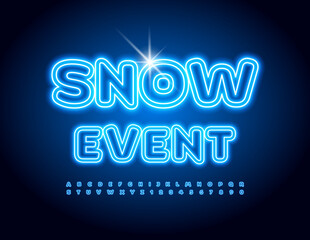 Vector neon logo Snow Event. Blue Bright Font. Glowing Artistic Alphabet Letters and Numbers set