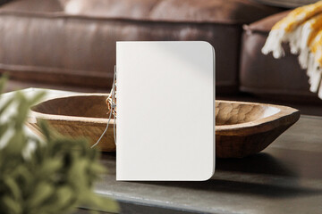 Clean minimal cover notepads mockup standing on top cooking table