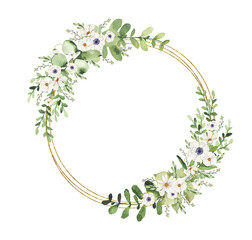 Watercolor white flowers greenery golden frame isolated on white background. Watercolor white floral green leaves round gold wreath illustration