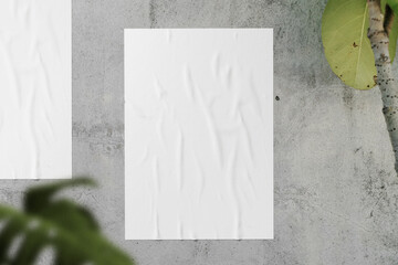 Clean minimal poster mockup on cement wall with leaves