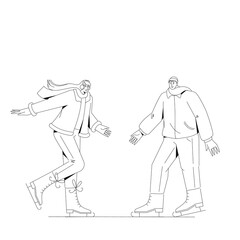 People skating on ice rink outdoors in winter. Children skaters in cold weather.