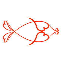 red abstract fish from smooth lines with hearts, pattern on a white background