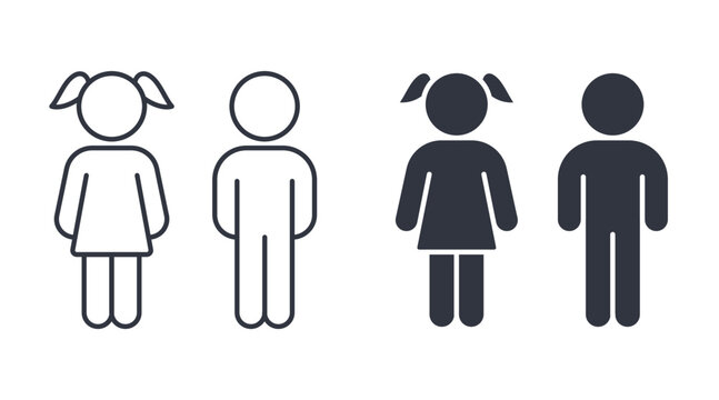Vector boy and girl icons. Editable stroke. Set of line silhouette icons of children. Kids signs toilet changing room bathroom. Isolated elements on white background