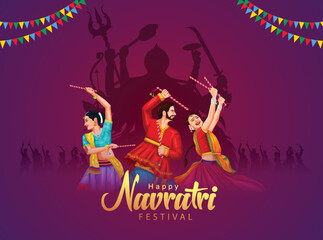 Garba Night poster for Navratri Dussehra festival of India. vector illustration of peoples playing Dandiya dance.
