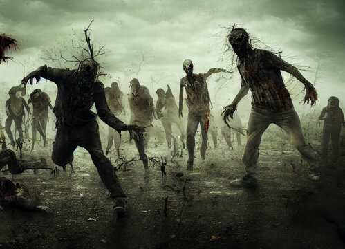 Zombies horde after outbreak.3d illustration