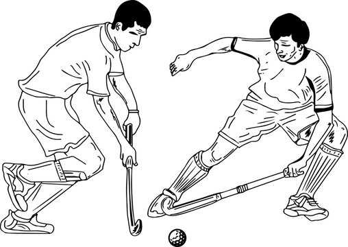 Outline vector illustration of hockey player, field or floorball hockey player sketch drawing, cartoon doodle drawing of indian hockey player, asian hokey game clip art