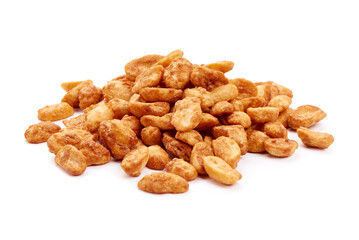 Caramelized almond nuts, isolated on white background.